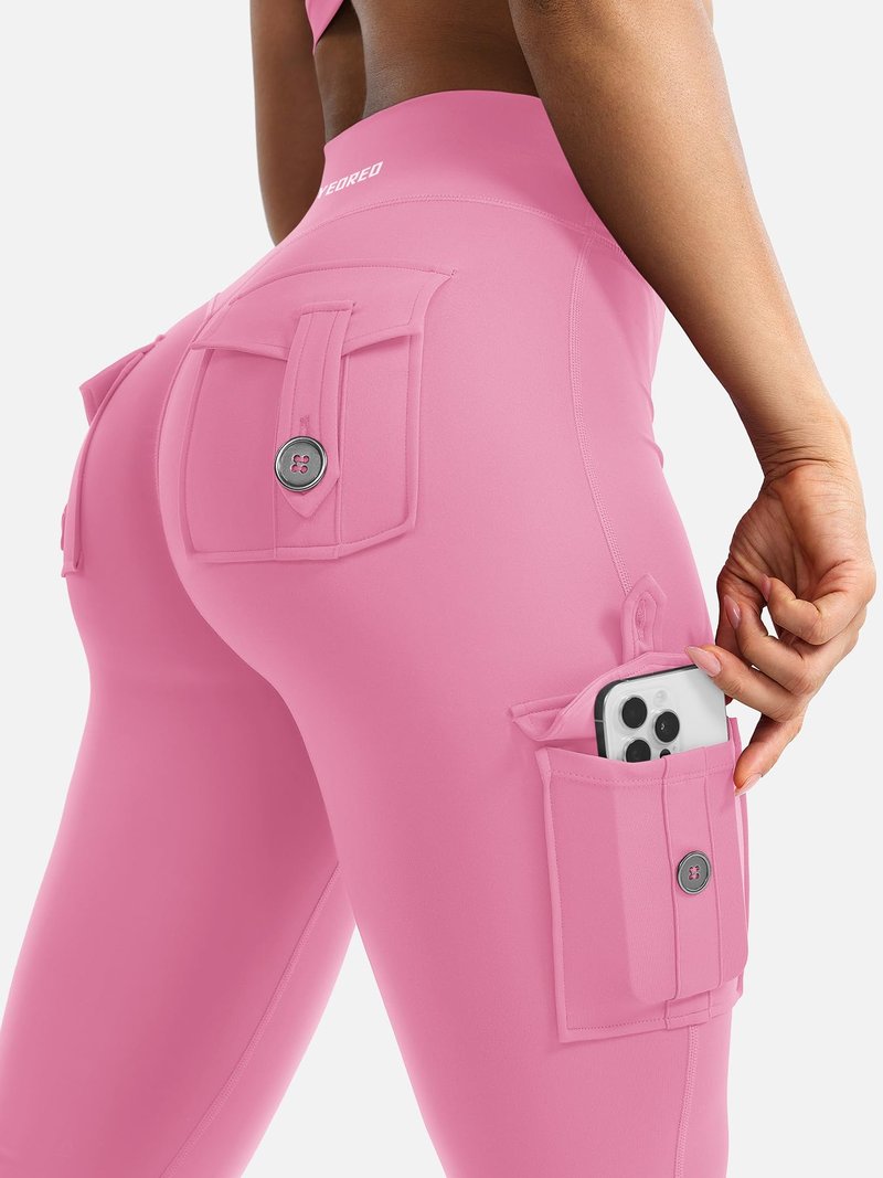 YEOREO CoreFlex Women Workout Flare Leggings with Pockets Scrunch Cargo Gym Yoga Leggings Pink M