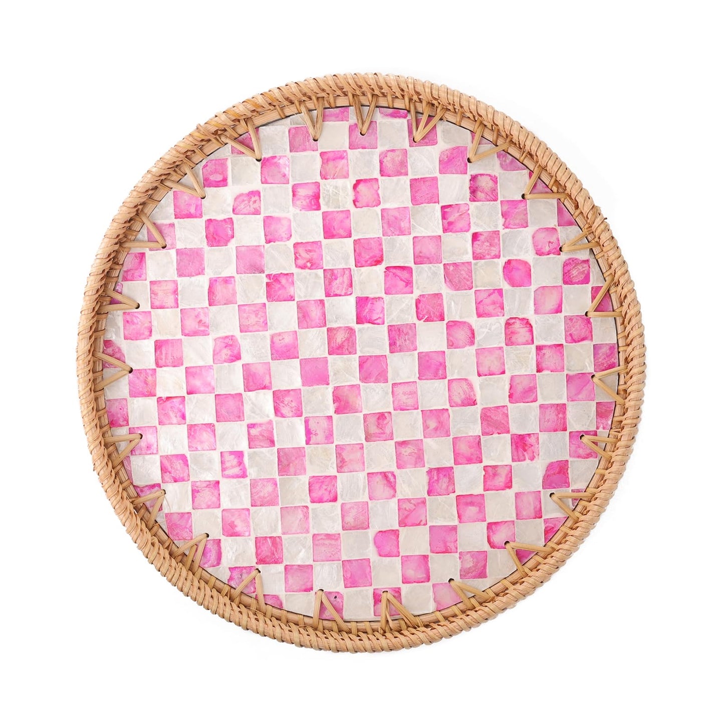 Tynulox Round Rattan Tray with Mother of Pearl Inlay, Rattan Serving Tray for Coffee, Bread, Fruits, Decorative Wicker Tray for Table Decor, Home Decor, Kitchen Island Decor(Pink Checkerboard, 11.8")