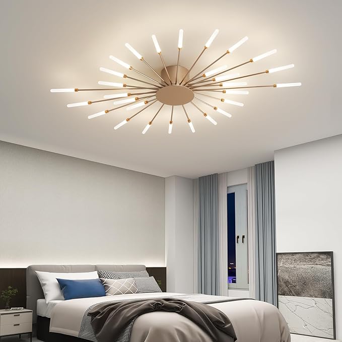 ziidoo Modern Ceiling Light, 28 Lights Metal Firework Designed Chic Led Lighting Fixture for Farmhouse Kitchen Dining Room Bedroom Hallway Living Room (Gold and Dark Gold)