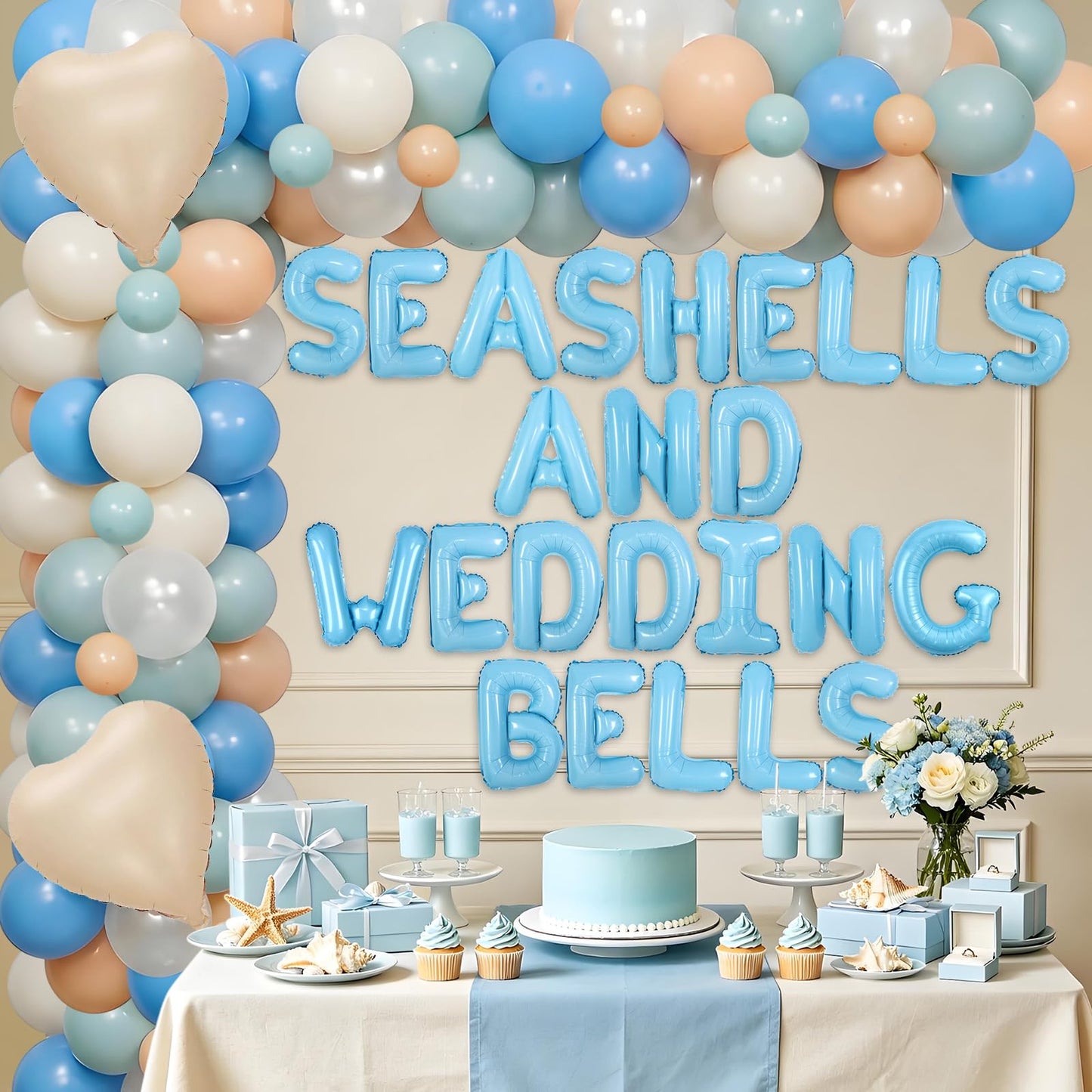 SHADOAMP Seashells and Wedding Bells Decor, Coastal Bachelorette Party Decorations - Balloon Garland Kit with Bride to Be Sash Foil Balloons Fringe Curtain for Beach Theme Bridal Shower Supplies