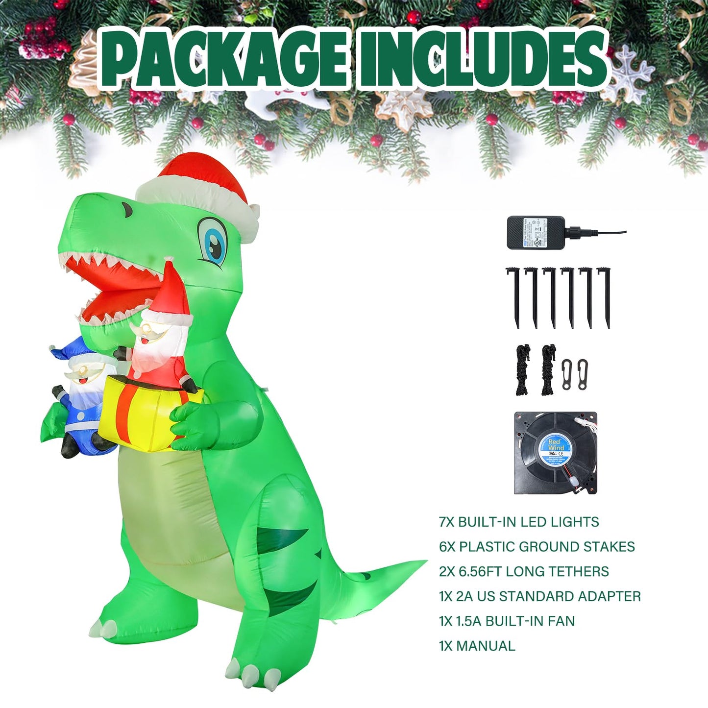 Vipush 8 FT Christmas Inflatable Decorations Dinosaur Christmas Decorations Outdoor Inflatable with LED Light, Outdoor Holiday Decor Blow Up Yard Decor