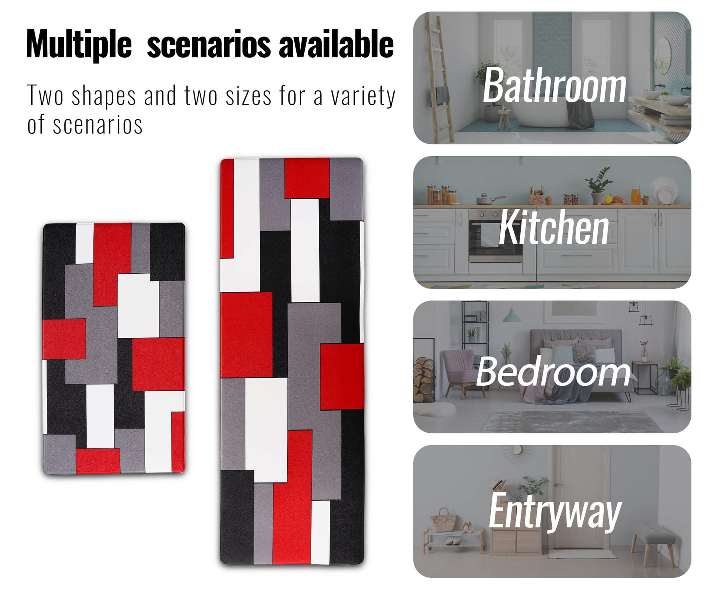 Black,White,Red and Grey Kitchen Rug Set 2 Piece Abstract Geometric Art Cushioned Abstract Modern Mats for Laundry (Geometric Art, 17.5"x29.5"+17.5"x47")