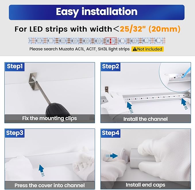 Muzata 10Pack 6.6FT/2M Plus-Size Spotless V Shape LED Channel Silver Aluminum LED Diffuser Channel with Milky White Cover V101 WW 2M