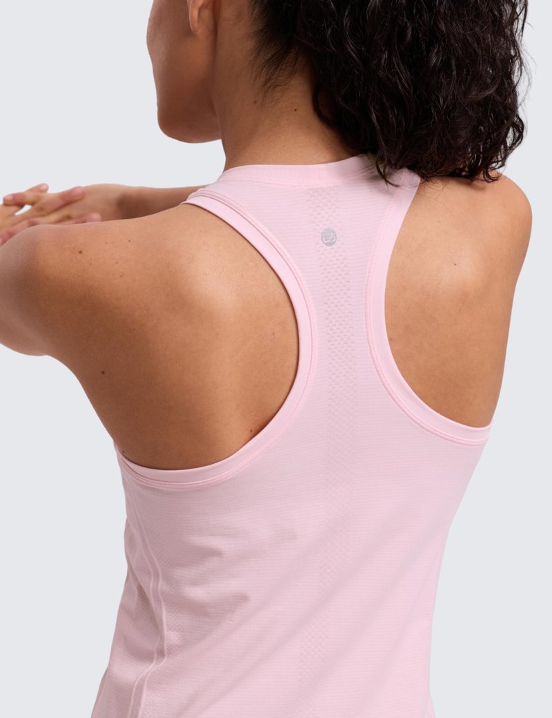 CRZ YOGA Seamless Workout Tank Tops for Women - Athletic Running Gym Sleeveless Shirts Crewneck Racerback Breathable Strawberry Pink Medium