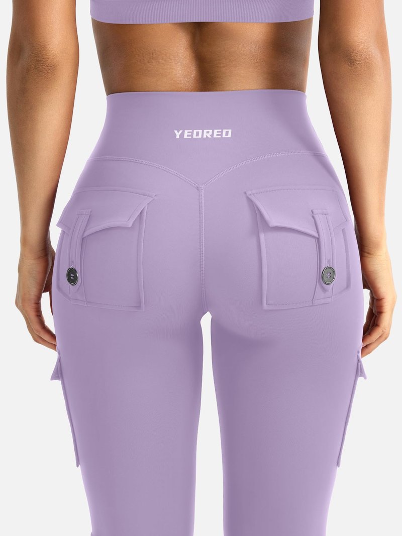 YEOREO CoreFlex Women Workout Flare Leggings with Pockets Hidden Scrunch High Waisted Cargo Gym Yoga Leggings Fog Purple M
