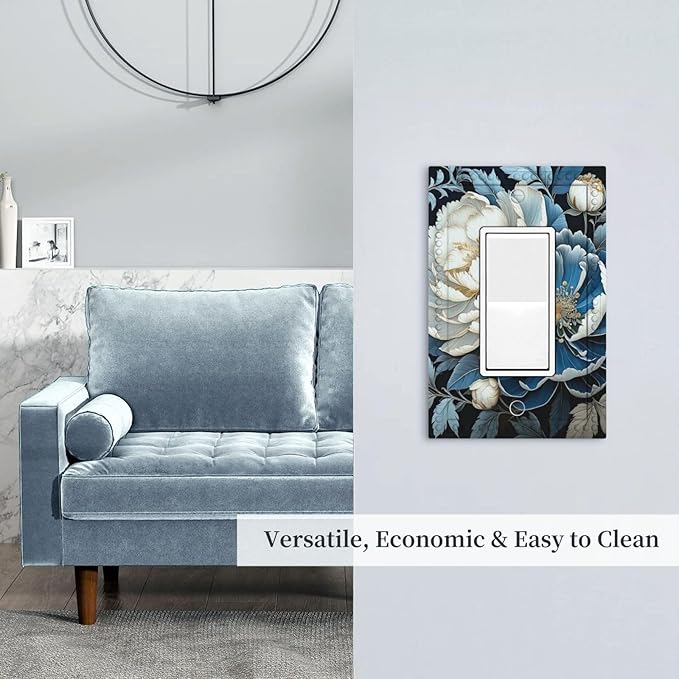 White Blue Flower Peonies Single Decora Outlet Wall Plate 1 Gang Rocker Decorative Switchplate Faceplate GFCI Light Switch Covers for Home Living Decor