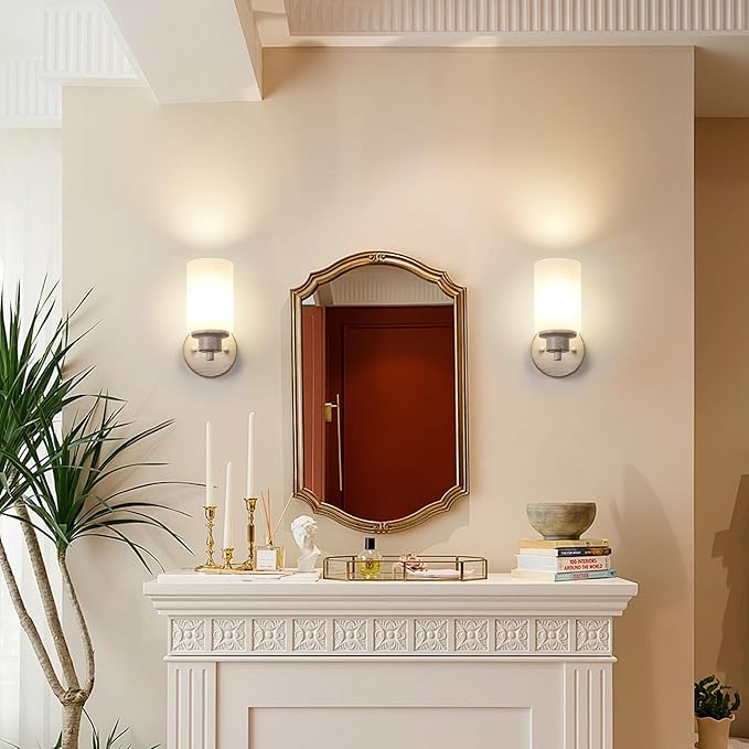 3 Pack Indoor Wall Sconces Lighting, Wall Mounted Bath Vanity Light Fixtures with White Frosted Glass Shade, White and Gold Color Bathroom Wall Lights for Bedroom Entryway