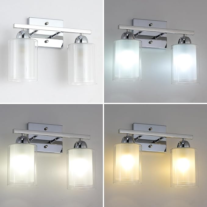 Stainless Steel Bathroom Vanity Light Over Mirror, 2 Light Polished Chrome Bathroom Light Fixtures with Milk Glass and Clear Glass Shades, Modern Vanity Lighting Wall Mount
