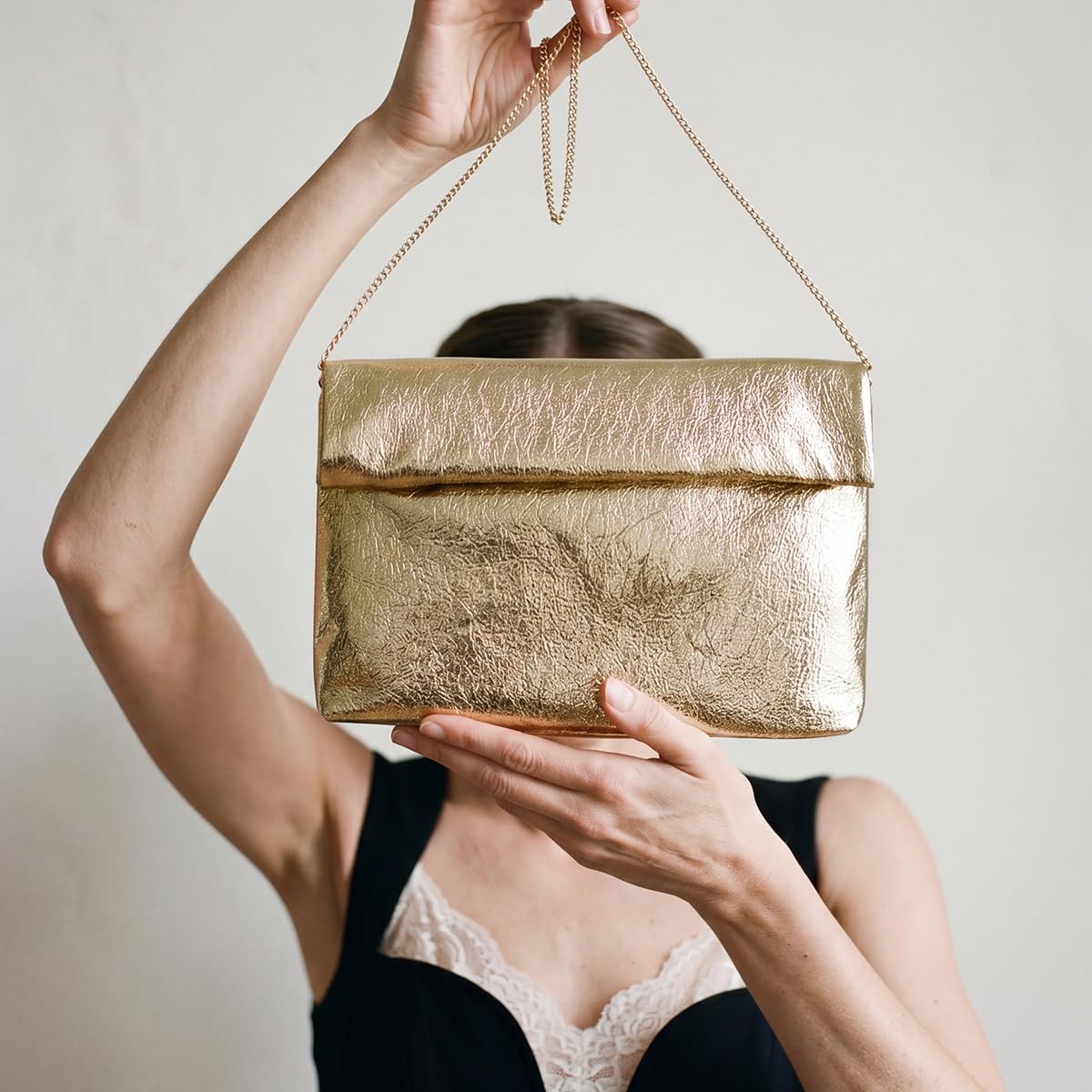 MXCMXC Women's Evening Clutch Bag Metallic Crinkled Leather Clutch Purse, Fold-over Handbag Envelope Purse with Hidden Magnetic (Gold)