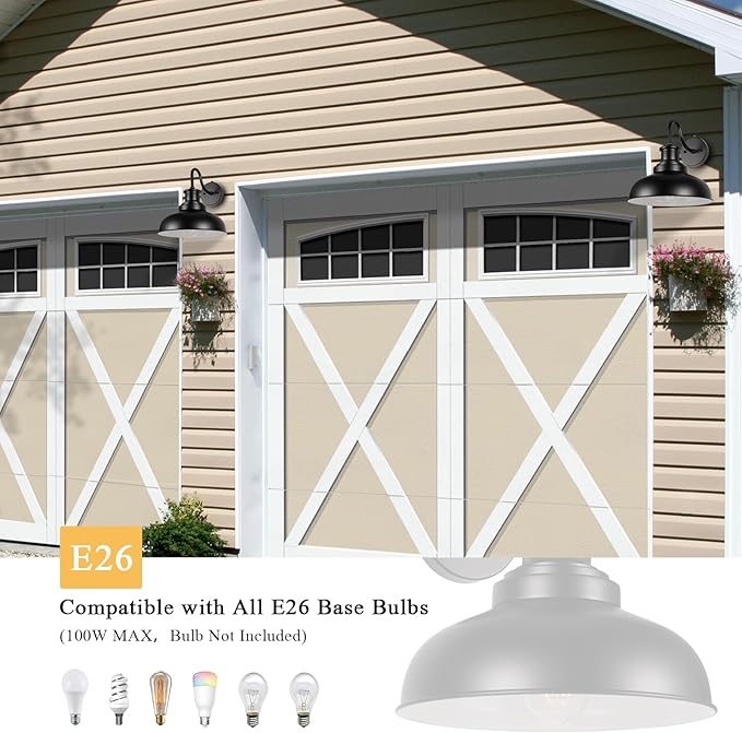 Dusk to Dawn Outdoor Gooseneck Barn Lights, Outdoor Wall Sconces Farmhouse Exterior Wall Mount Light, Vintage Outside Lighting Fixtures, Industrial Black Lanterns for Porch Garage Patio, 2 Pack
