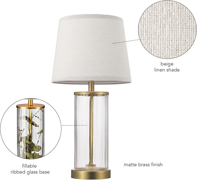 GLOBE Electric 61000063 20" Fillable Ribbed Glass Table Lamp, Matte Brass Accents, Beige Linen Shade, On/Off Rotary Switch on Socket, for Living Room, Bedroom, Office, Home Décor