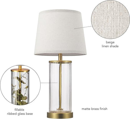GLOBE Electric 61000063 20" Fillable Ribbed Glass Table Lamp, Matte Brass Accents, Beige Linen Shade, On/Off Rotary Switch on Socket, for Living Room, Bedroom, Office, Home Décor