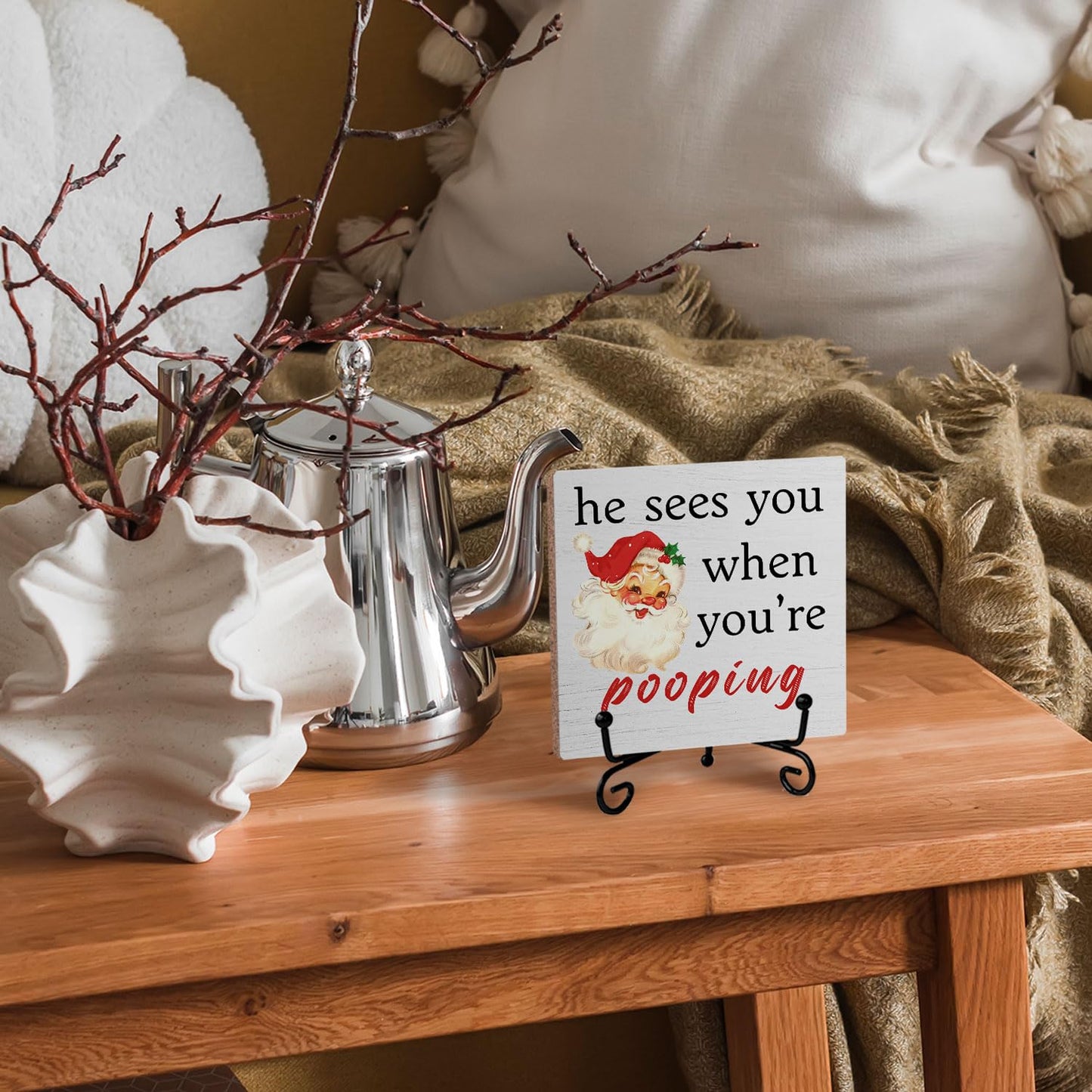 SkipTiger Funny Christmas Bathroom Wooden Desk Sign, He Sees You When You're Pooping Red Christmas Santa Wood Plaque With Stand for Bathroom Toilet Restroom Shelf Counter Decor