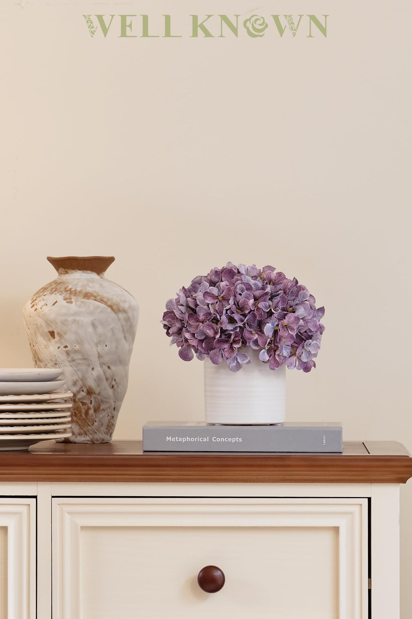 Hydrangea Fake Flowers in Vase, Artificial Flowers with Ceramic Vase Small Faux Potted Floral Arrangements for Bathroom Home Desk Kitchen Counter Vanity Shelf Coffee Table Centerpiece Decor (Purple)