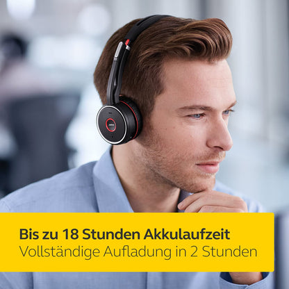 Jabra Evolve 75 MS Wireless Headset, Stereo – Includes Link 370 USB Adapter and Charging Stand – Bluetooth Headset with World-Class Speakers, Active Noise-Cancelling Microphone, All Day Battery