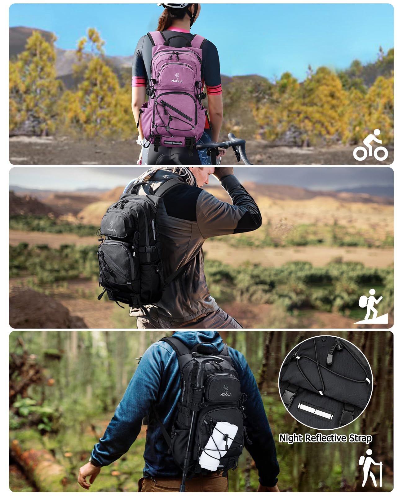 NOOLA Hydration Hiking Backpack with 3L Water Bladder - 22L Water Backpack for Cycling, Running, Biking - Lightweight Hiking Pack Bag with Rain Cover, Phone Holder and Trekking Pole Holders, Black