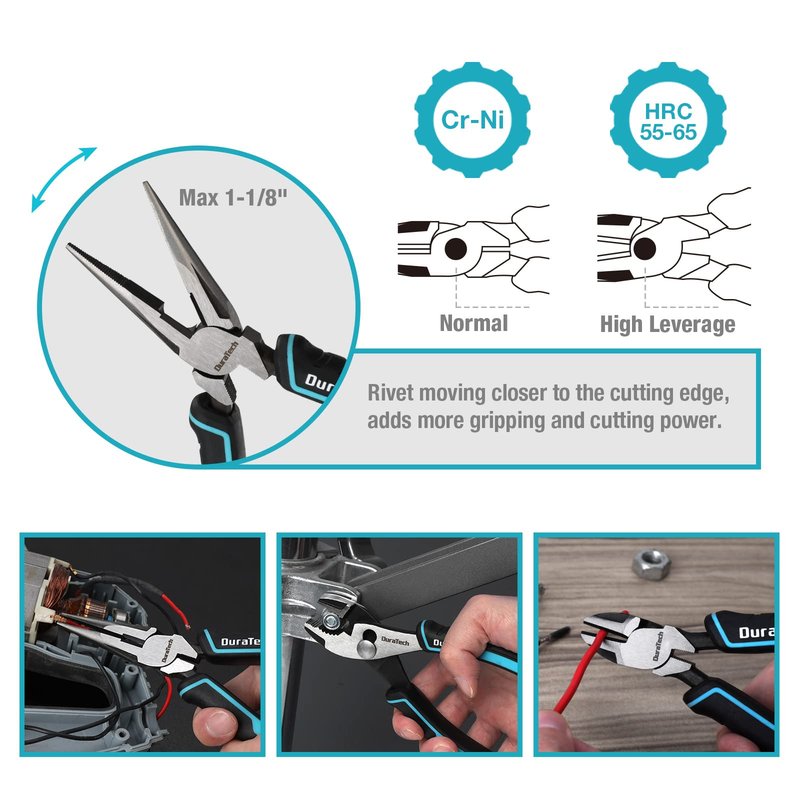 DURATECH 5-Piece Cr-Ni Pliers Set, 6" Long Nose, Slip Joint, Diagonal Cutting, 8" Linesman, Groove Joint Pliers, Easy Storage Oxford Rolling Pouch