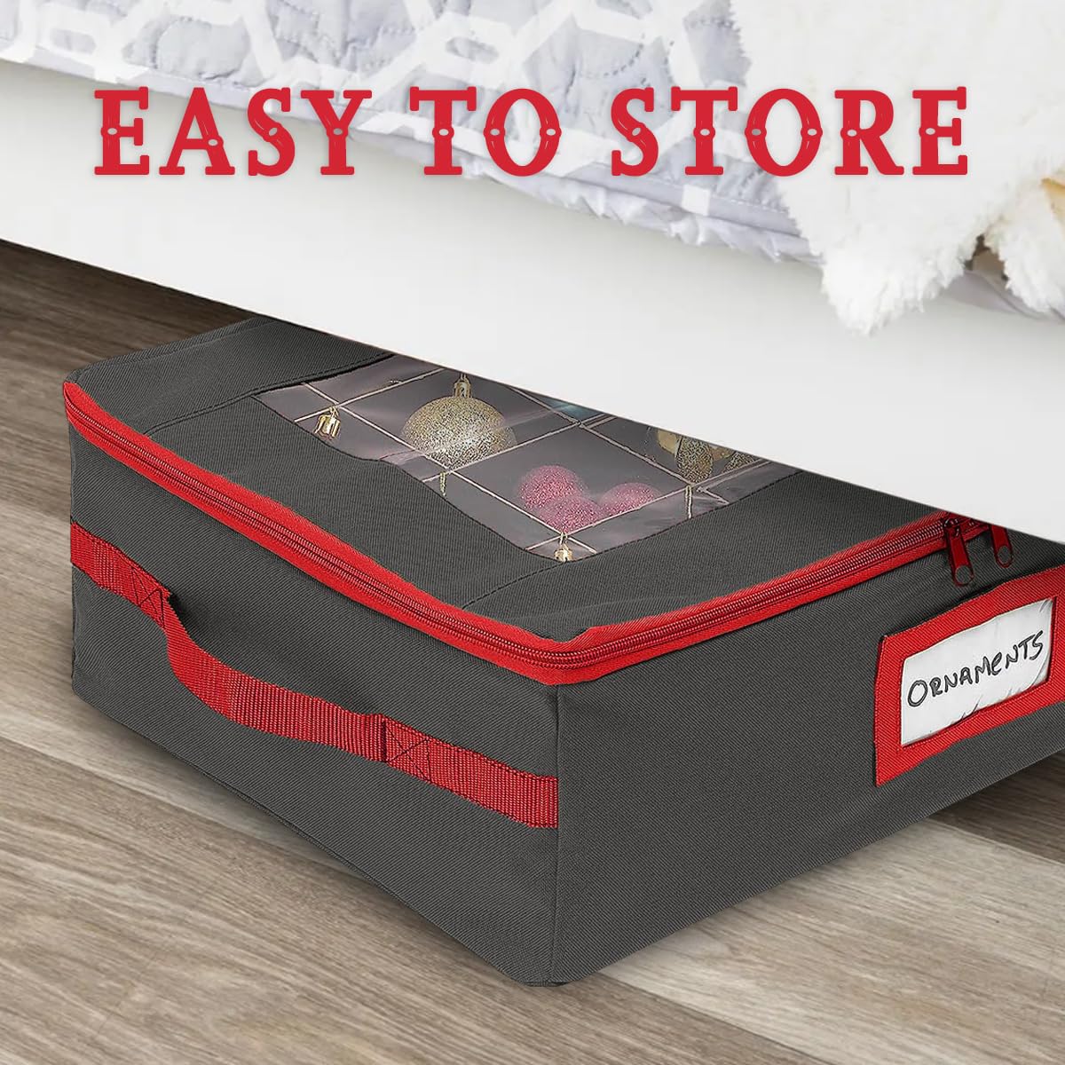HOLDN’ STORAGE Christmas Ornament Storage Box with Dividers - Fits 48-3” Ornaments, 2 Removable Trays, Durable & Space-Saving, Clear Top Lid, Fits Underbed, Charcoal