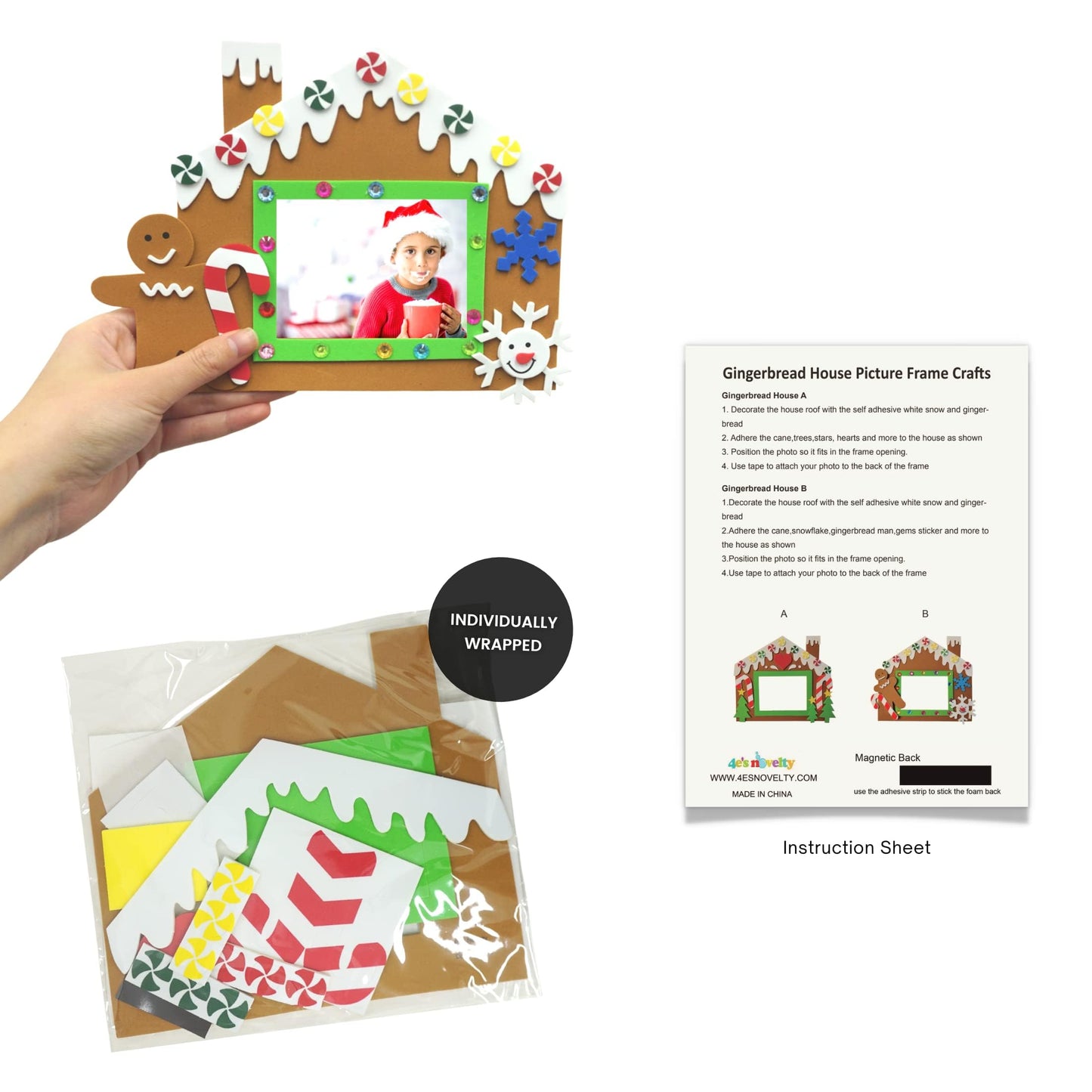 4E's Novelty Foam Gingerbread House Picture Frame Craft (4 Pack) – Self Adhesive Gingerbread House Kit, Christmas Photo Magnet Craft Kits for Kids,DIY Foam Christmas Frames for Kid