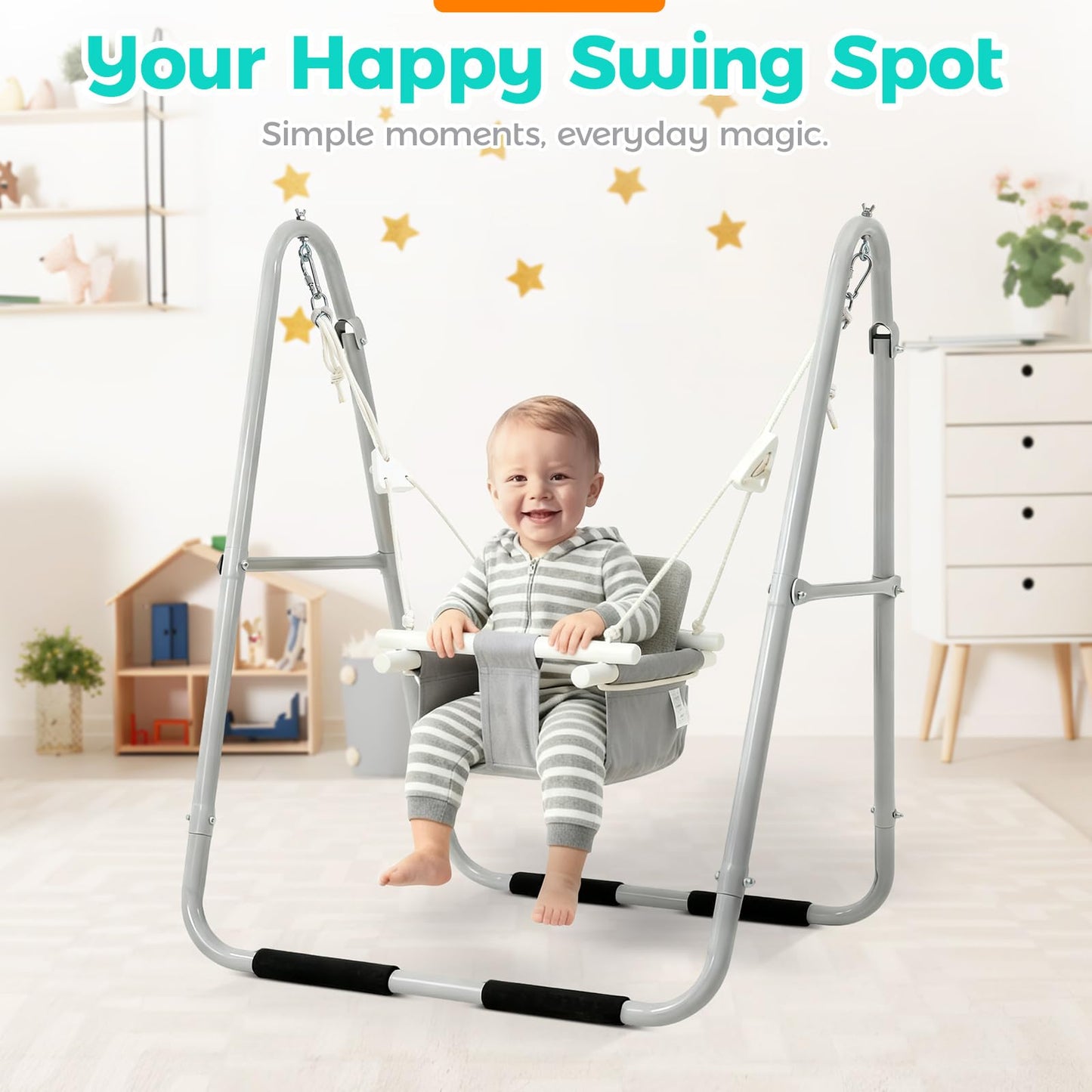 FUNLIO Baby Swing Set for Toddlers 6-36 Months, Foldable & Portable Swing for Indoor & Outdoor, Heavy Duty Metal Frame, Includes 2 Weight Bags & 4 Anti-Slip Pads, Easy to Assemble & Store – Gray