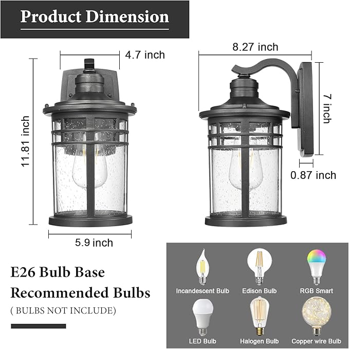 Darkaway Outdoor Porch Lights Wall Mount, Outdoor Light Fixtures Sconces Wall Lighting with Seeded Glass Waterproof Exterior Lights for Patio Yard House Hallway Doorway Garage(1 Pack, Black)