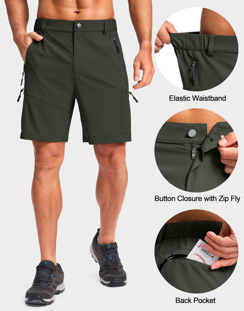 Pudolla Men's Hiking Cargo Shorts Lightweight 7" Travel Casual Shorts for Men Golf Work Outdoor with 5 Zipper Pockets(Army Green Small)
