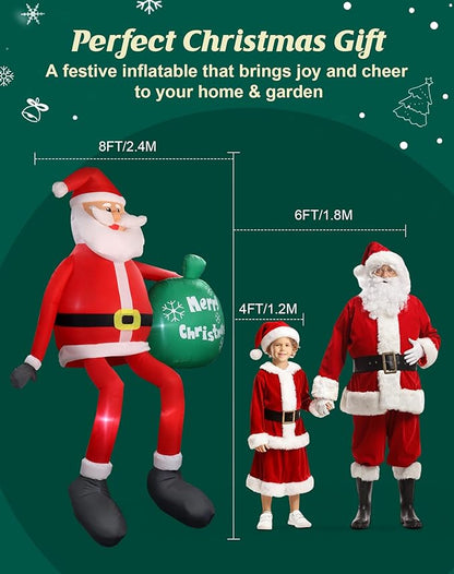 8 FT Christmas Inflatables Outdoor Decorations, Santa Claus with Gift Bag, LED Lighted Blow Up IP68 Weatherproof Sitting Santa Xmas Indoor Outdoor Decor for Yard Garden Lawn Mall Party Holiday