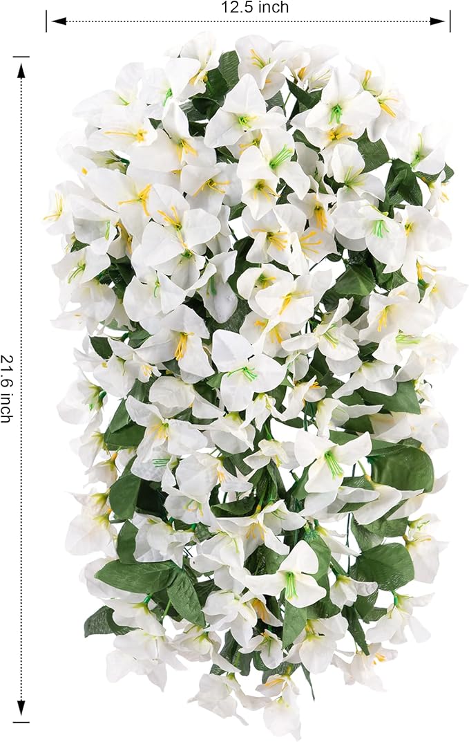 HyeFlora Bougainvillea Artificial Hanging Flowers Plants for Outdoors Decoration, 2pcs Fake Flowers Silk Bougainvillea Vines Realistic UV Resistant Faux Flowers for Outdoor Planters Patio Urn, White