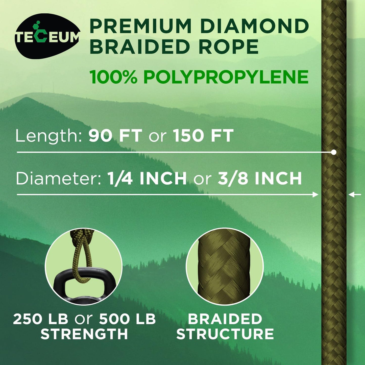 TECEUM Rope – 90 Feet x 1/4 Inch (7mm) – Army Green – Strong All-Purpose Utility Rope – Camping, Crafting, Flag Pole, Indoor & Outdoor – Polypropylene Nylon Poly Lightweight Diamond Braided Cord