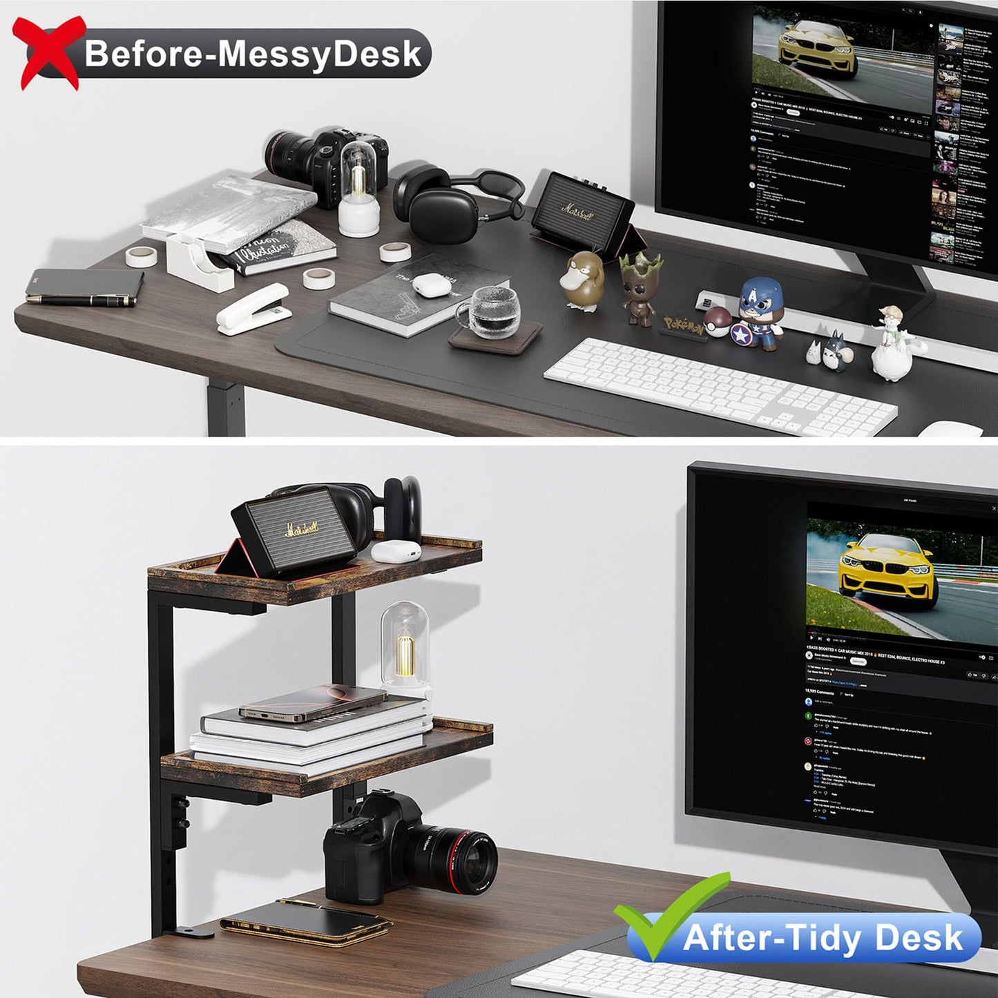 OUTIOE 2-Tier Desk Shelf, Expandable Under Desk Storage, Clamp on Desk Shelf, Desktop Accessories for Offices, Study Rooms, and Game Rooms (Wood)