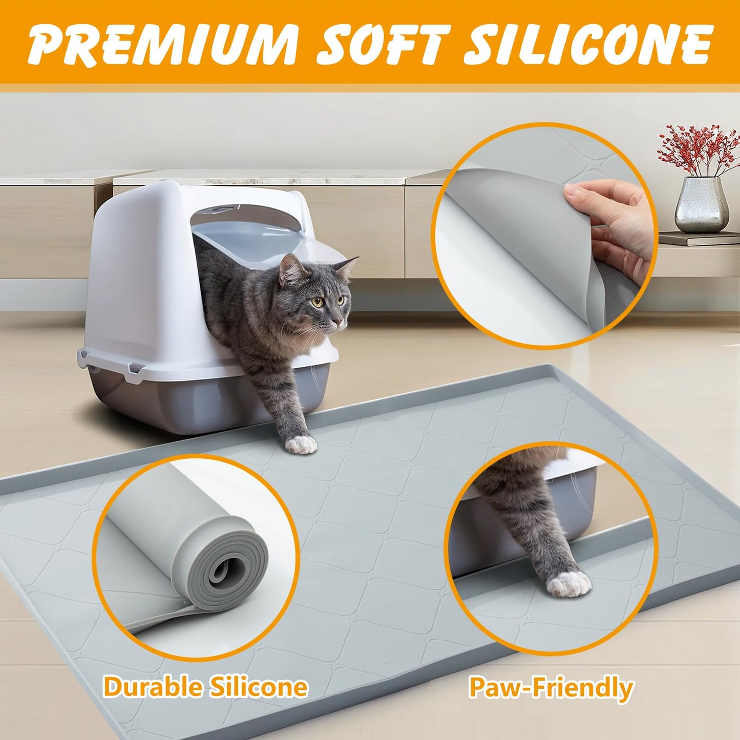 Large Cat Litter Mat, 40x22 In Cat Mat for Litter Box, Waterproof Silicone Pads for Feeding Floor Protection (Gray)