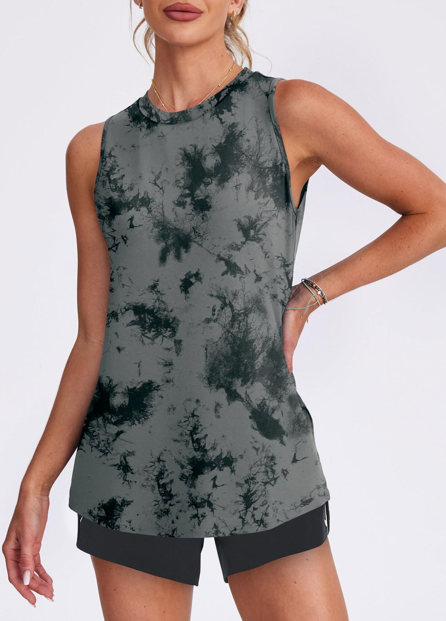 Womens Workout Tops Tank Tops Yoga Shirts Athletic Running Sleeveless Gym Clothes High Neck Athletic Running Shirts Black Tie Dye M