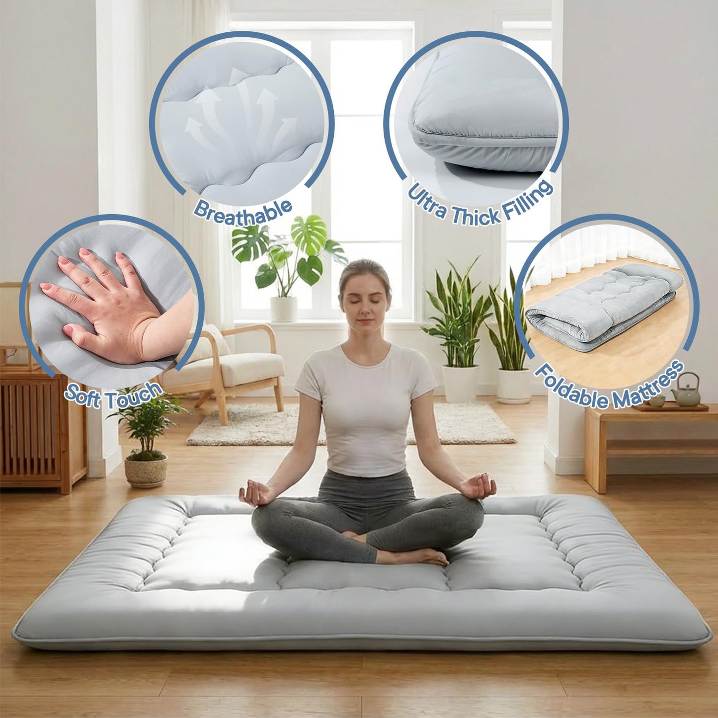 DUMOS Japanese Floor Mattress Queen Size, Futon Mattress Foldable with Removable Washable Cover, Portable Roll Up Tatami Mat for Small Bedroom, Couples, Family Movie Night and Home Use, Gray