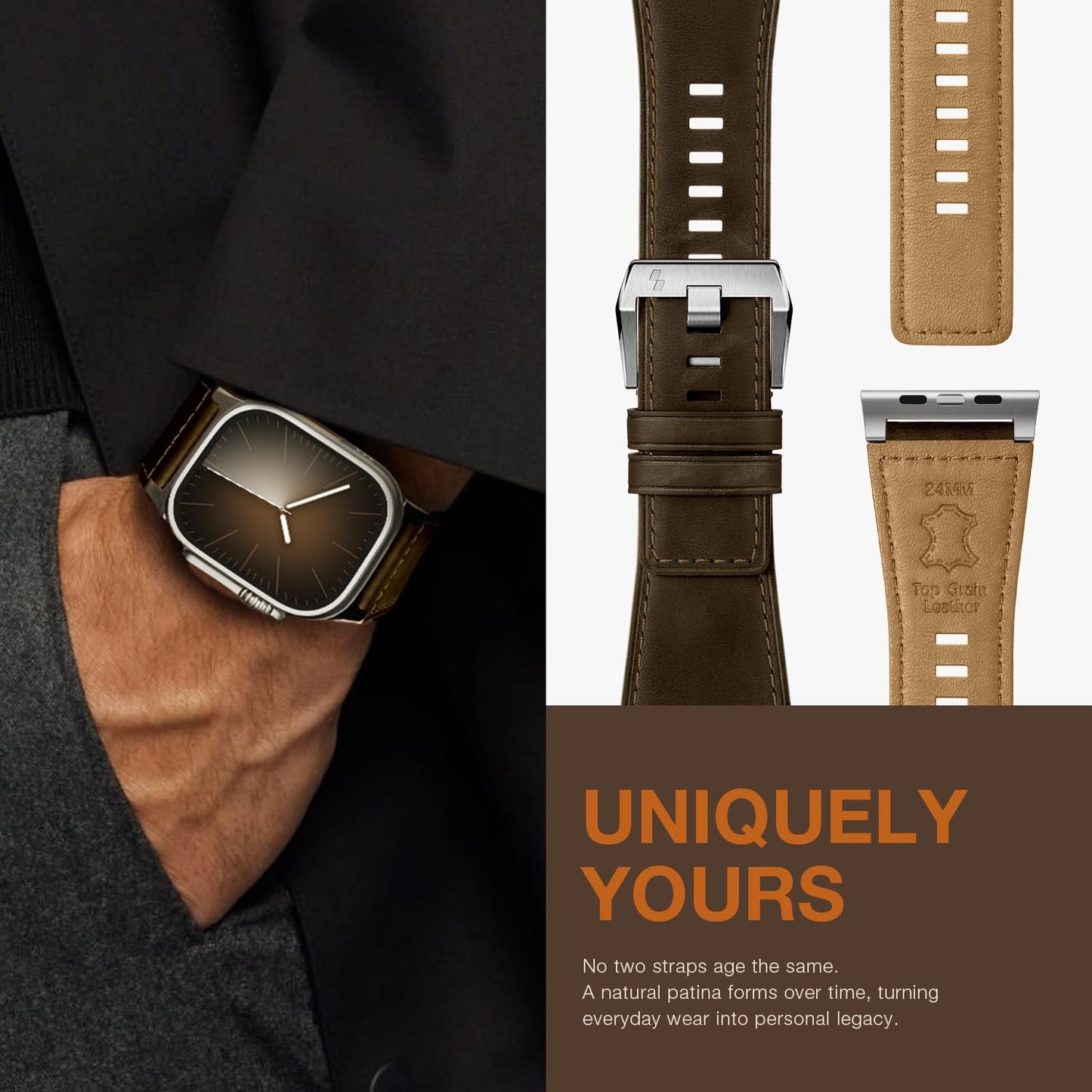 Suitisbest Leather Bands Compatible for Apple Watch Ultra Band 49mm 46mm 45mm 44mm 42mm, Genuine Calfskin Leather Replacement Strap Fits Men iWatch Series 11 10 9 8 7 6 5 4 3, SE 3 2 1, Ultra 3 2 1