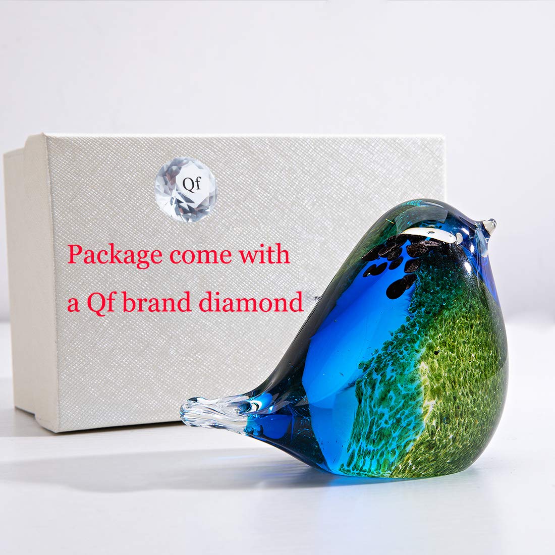 QFkris Qf 4" Glass Bird Handmade Blown Glass Figurine Christmas, Birthday Gift Decorative Ornaments for Home Blue and Green Paper Weight
