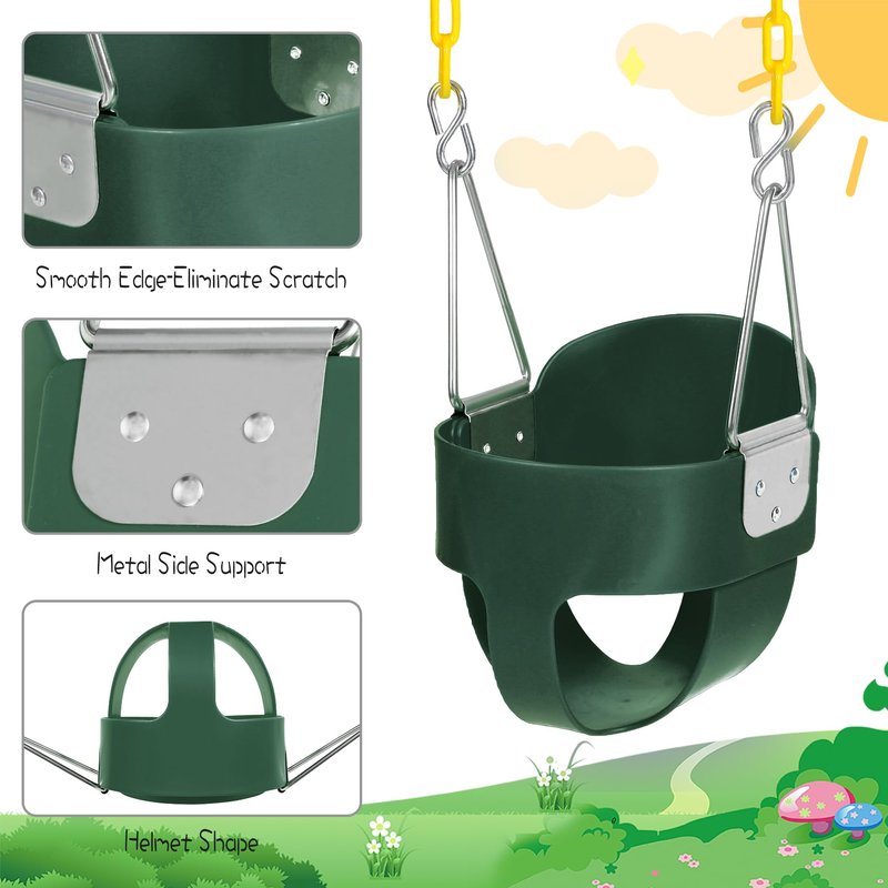 Toddler Swing Seat with Coated Chains, Heavy Duty Kids High Back Bucket Swings with Tree Straps and Hooks for Outdoor, Playground, Backyard, Swing Set Accessories by Domaker, Green