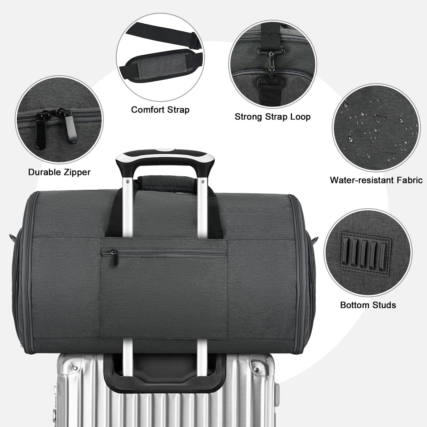Vagtiivo Travel Garment Bag, 55L 2-in-1 Convertible Carry-On Suit Bag with Full-Zip 360-Degree Protection for Business Travel & Weddings, Hanging Suitcase Duffel Bag, Midnight Grey