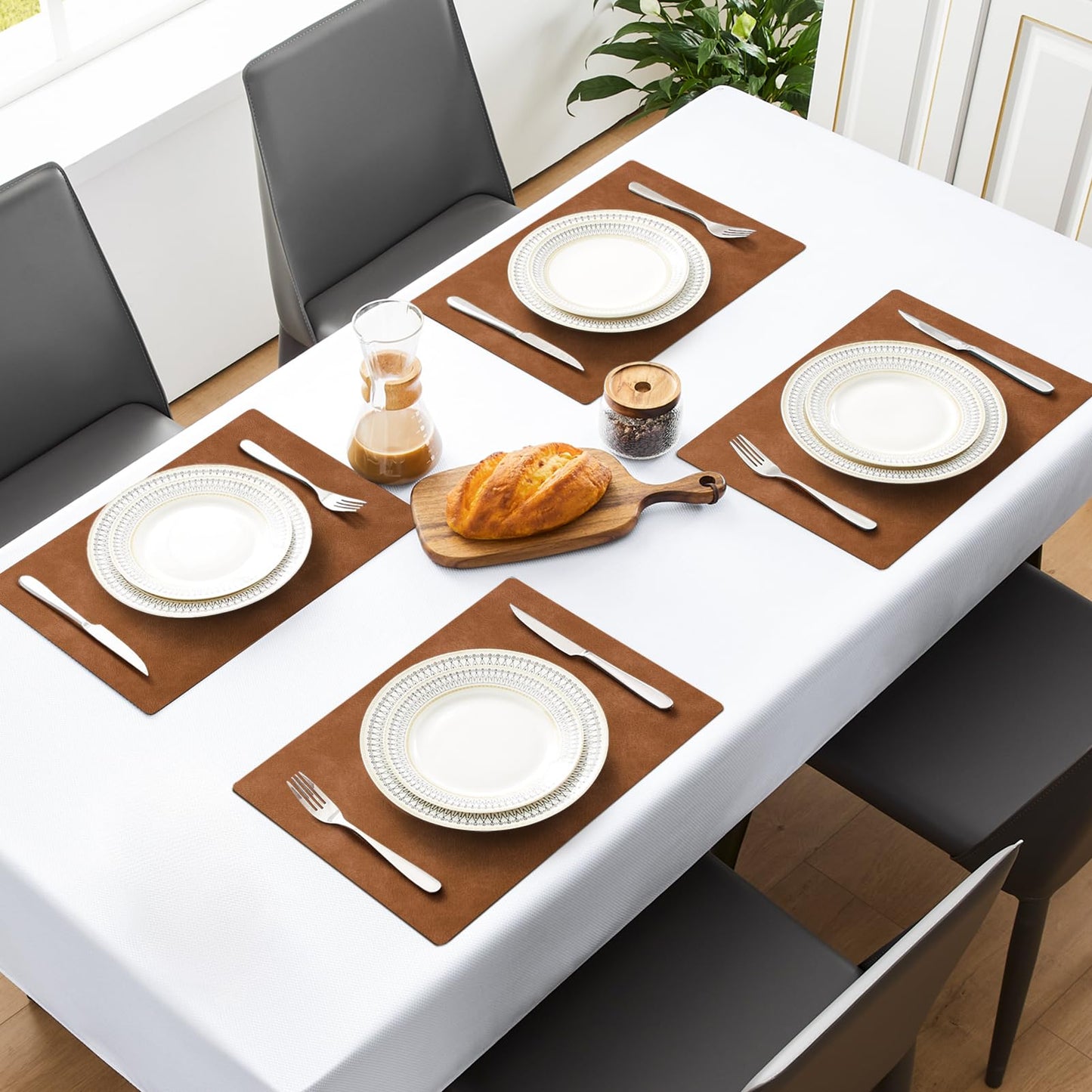 MOSAYT Vinyl Placemats Set of 4-12 X 17 Inch - Faux Leather 100% Waterproof Oil-Proof Wipeable PU Place Mats, Heat Resistant Reversible Table Mats for Kitchen, Dining, Outdoor, Reddish Brown