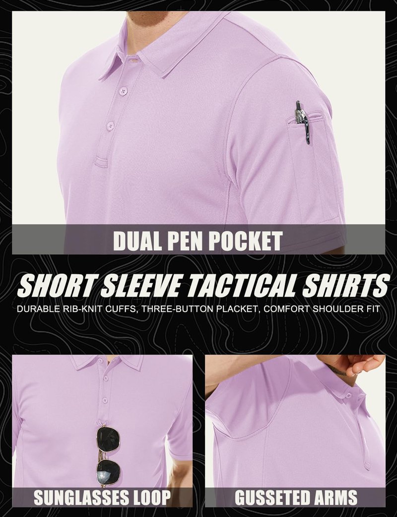 MAGCOMSEN Men Short Sleeve Polo Shirts Dry Fit Golf Polos Moisture Wicking Fishing Shirts Work Shirts Pinkish Purple L