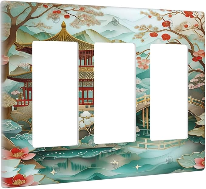 Asian Palace Traditional Bridge Cherry Blossoms 3 Gang Rocker Triple Outlet Wall Plate Decorative Switchplate Cover Faceplate GFCI Light Switch Covers for Farmhouse Living Decor