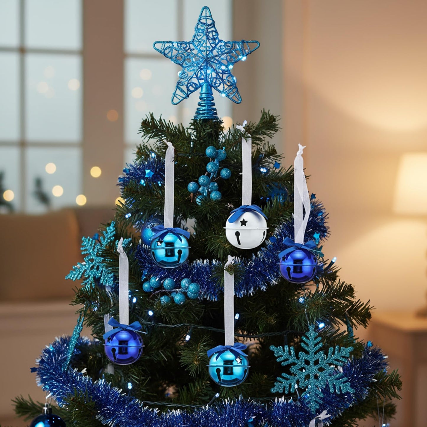 Jenaai 12 Sets Blue Christmas Jingle Bells with Ribbon 2 Inch Large Metal Cutout Craft Bells Blue Hanging Ornaments for Christmas Tree Xmas Decoration Crafts Party Favors Stocking Stuffers