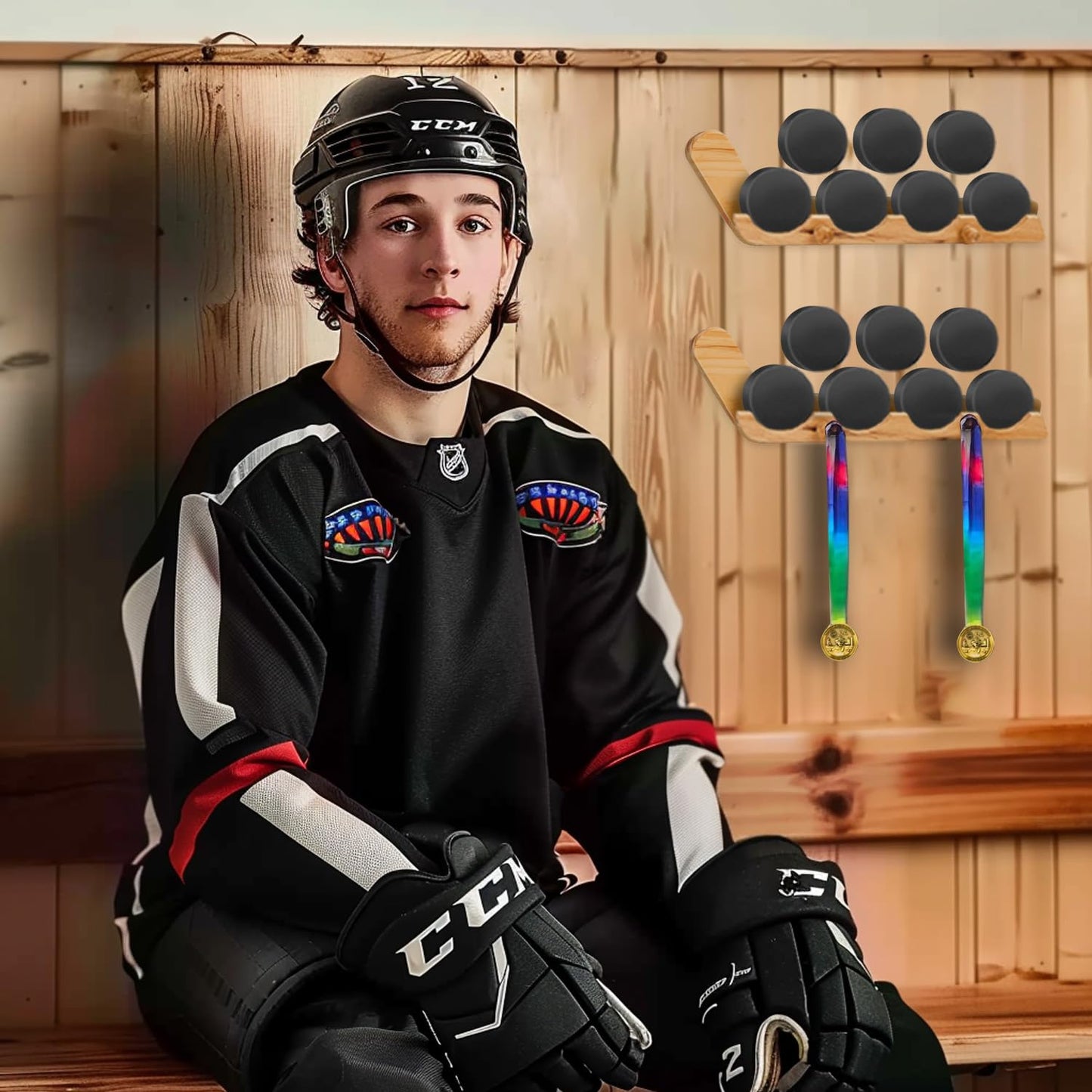 LyunZiS 2 Pack Hockey Puck Display Cases for Father's Day Gifts, Wooden Wall Mount Holder with Hook - Hockey Puck Holder Living Room Stick Decor Accessory for Player Team Gift - burlywood