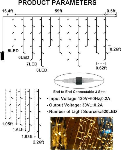 Icicle Christmas Lights Outdoor 520 LED 49FT Warm White, 80 Drops 2700K Icicle Christmas Lights with Remote/8 Modes/Timer, IP44 Waterproof for Roof Gutter Wedding Holiday Decorations