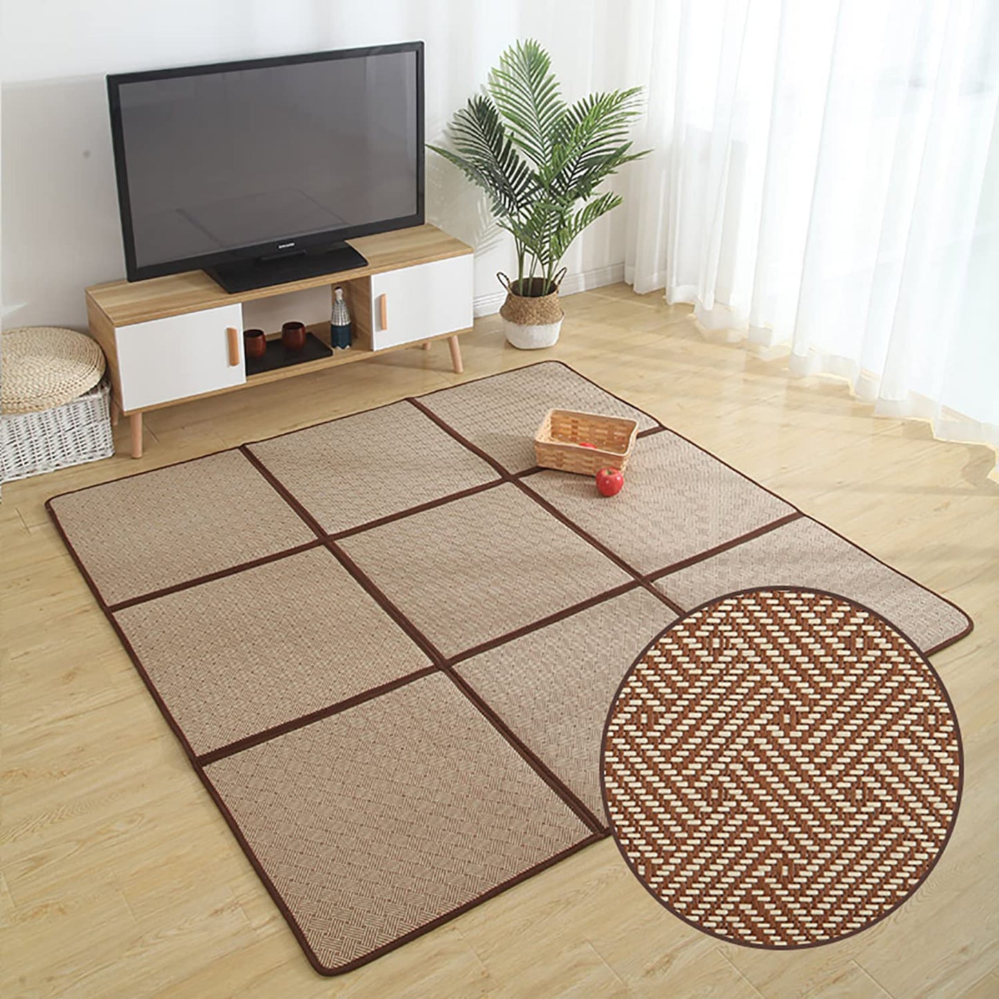 MYOYAY Large Japanese Tatami Mat 71x 71in Summer Breathable Sleeping Mat Foldable Rattan Floor Mat Non-Slip Memory Foam Stitching Carpet Mats Living Room Bedroom Playroom Yoga (Brown)