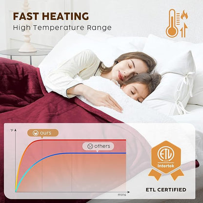HYLEORY Heated Electric Blanket Throw 50"x60" Soft Fleece & Flannel with 5 Heating Levels & 3 Hours Timer Auto Shutt Off, ETL Certified, Washable，Heated Blanket for Body-Red