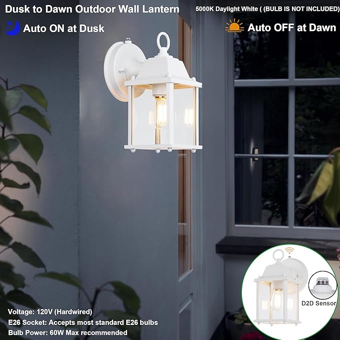 LIT-PaTH Dusk to Dawn Outdoor Wall Lantern, Wall Sconce Waterproof Porch Lighting Fixture, E26 Base, Aluminum Housing with Glass Shade, 1-Pack, White