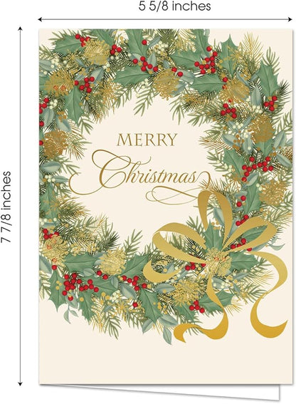 Masterpiece Traditional Wreath Christmas Cards / 15 Festive Holiday Cards Set With White Envelopes / 5 5/8" x 7 7/8" Winter Greeting Cards With Inside Verse