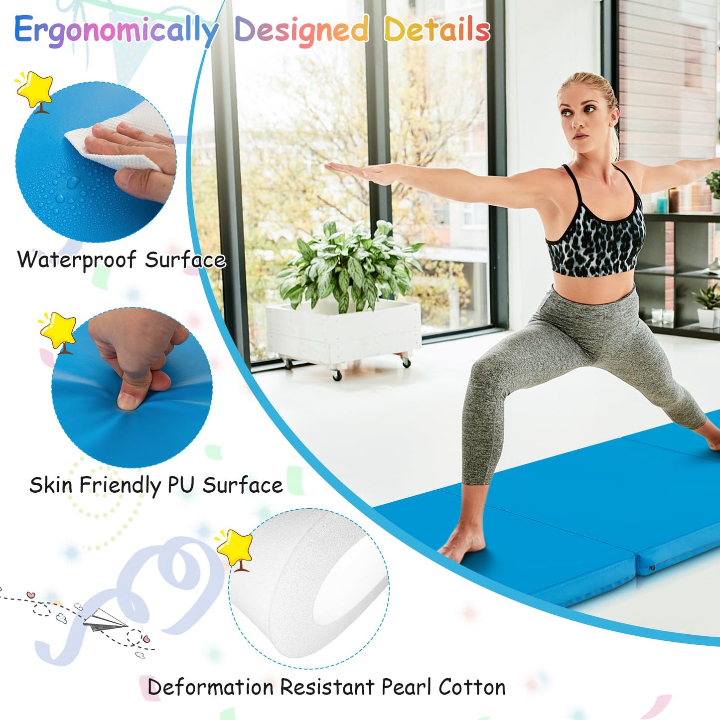 Giantex 6'x2' Tri-Fold Gymnastics Mat with Carry Handles Tumbling Exercise Gym Mat for Aerobics, Yoga, Stretching, MMA (Blue)