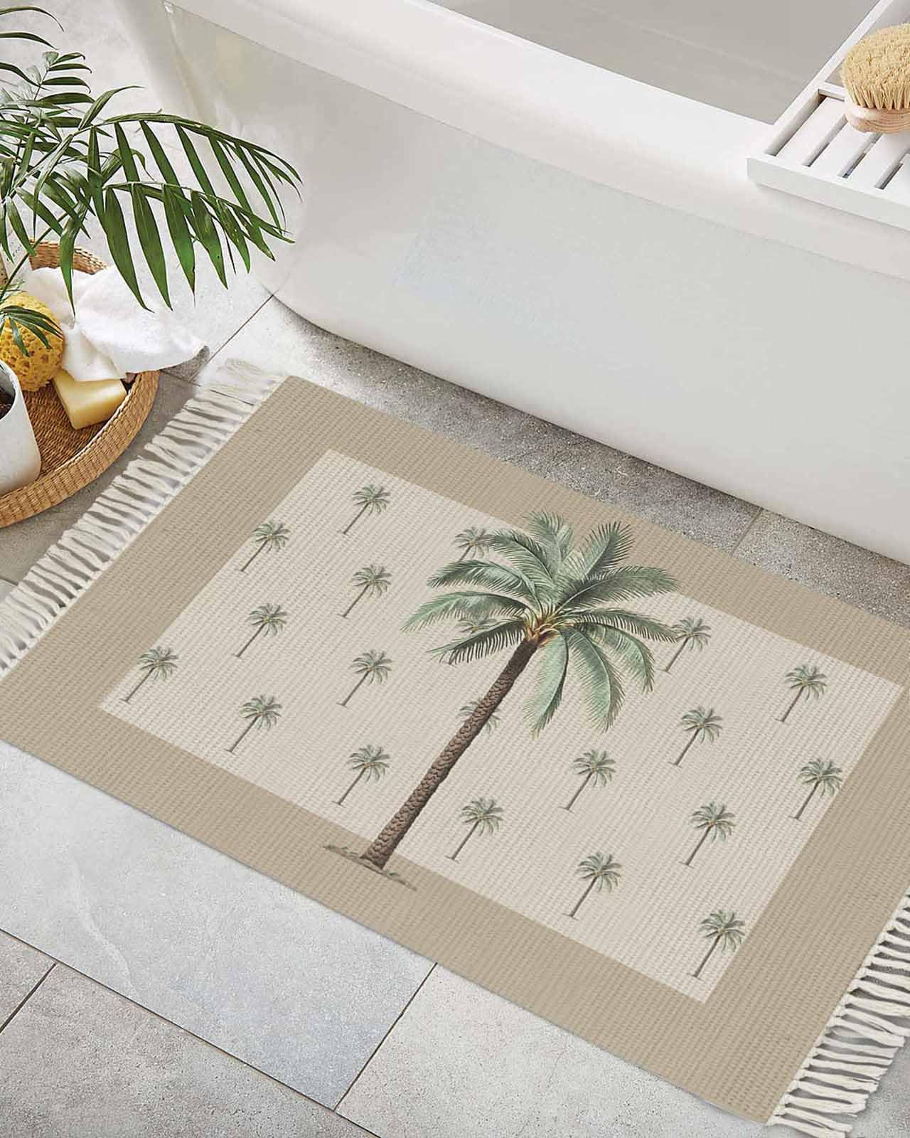 Tropical Palm Tree Entryway Rug 2X3 Ft Bathroom Mat, Washable Woven Brown Summer Beach Plant Throw Carpet with Tassel, Non-Shedding Farmhouse Retro Green Botanical Indoor Outdoor Kitchen Doormats
