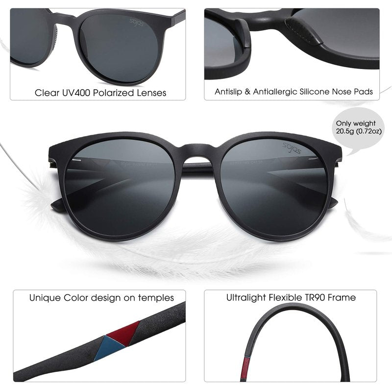 SOJOS Oversized Round Polarized Sports Sunglasses for Women Men, Ultralight TR90 Womens Mens Sport Sunglasses SJ2092, Matte Black Frame/Grey Lens with Black Nose Pads